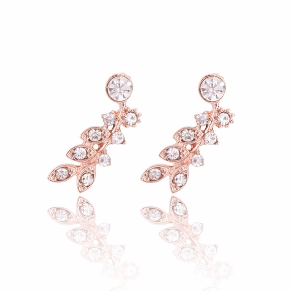 Jewelry - Cubic Zircon Crystal Leaves Gold Stud Earrings